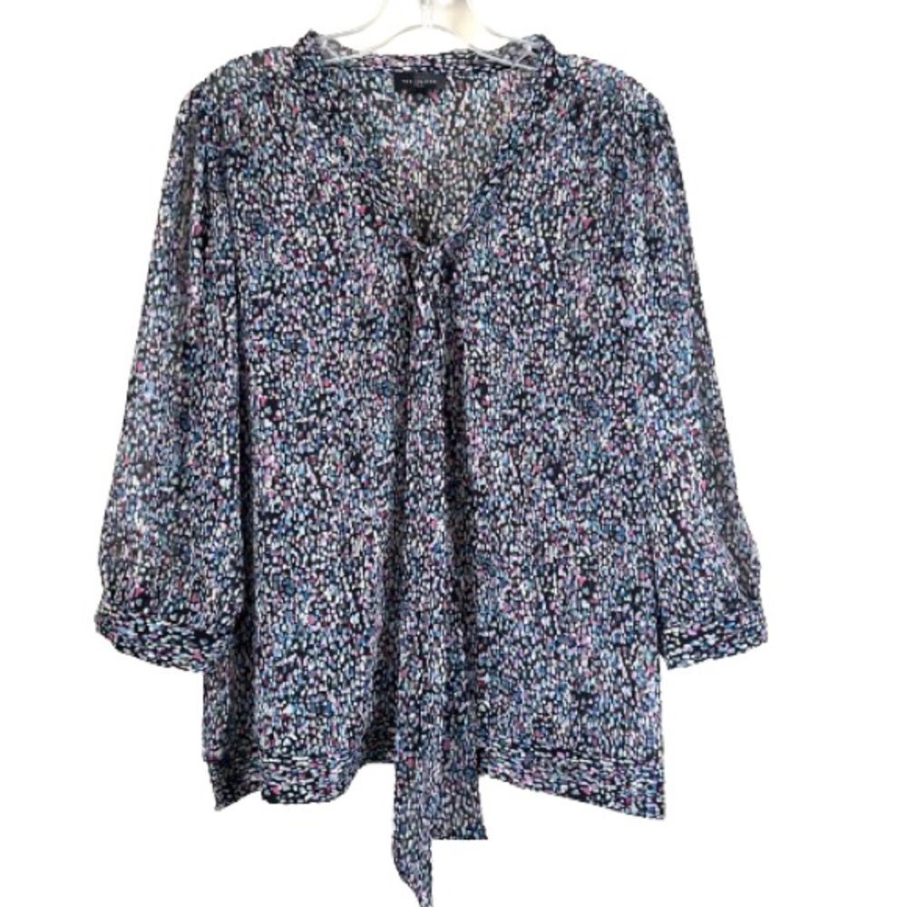 The Limited Black Multicolor Sheer Tie Front Three Quarter Length Sleeve